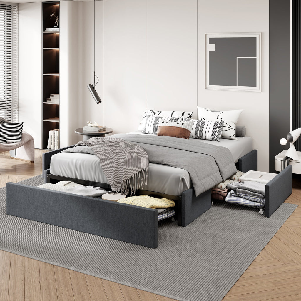 Dark Grey Full Size Platform Bed Frame with 3 Storage Drawers Q354