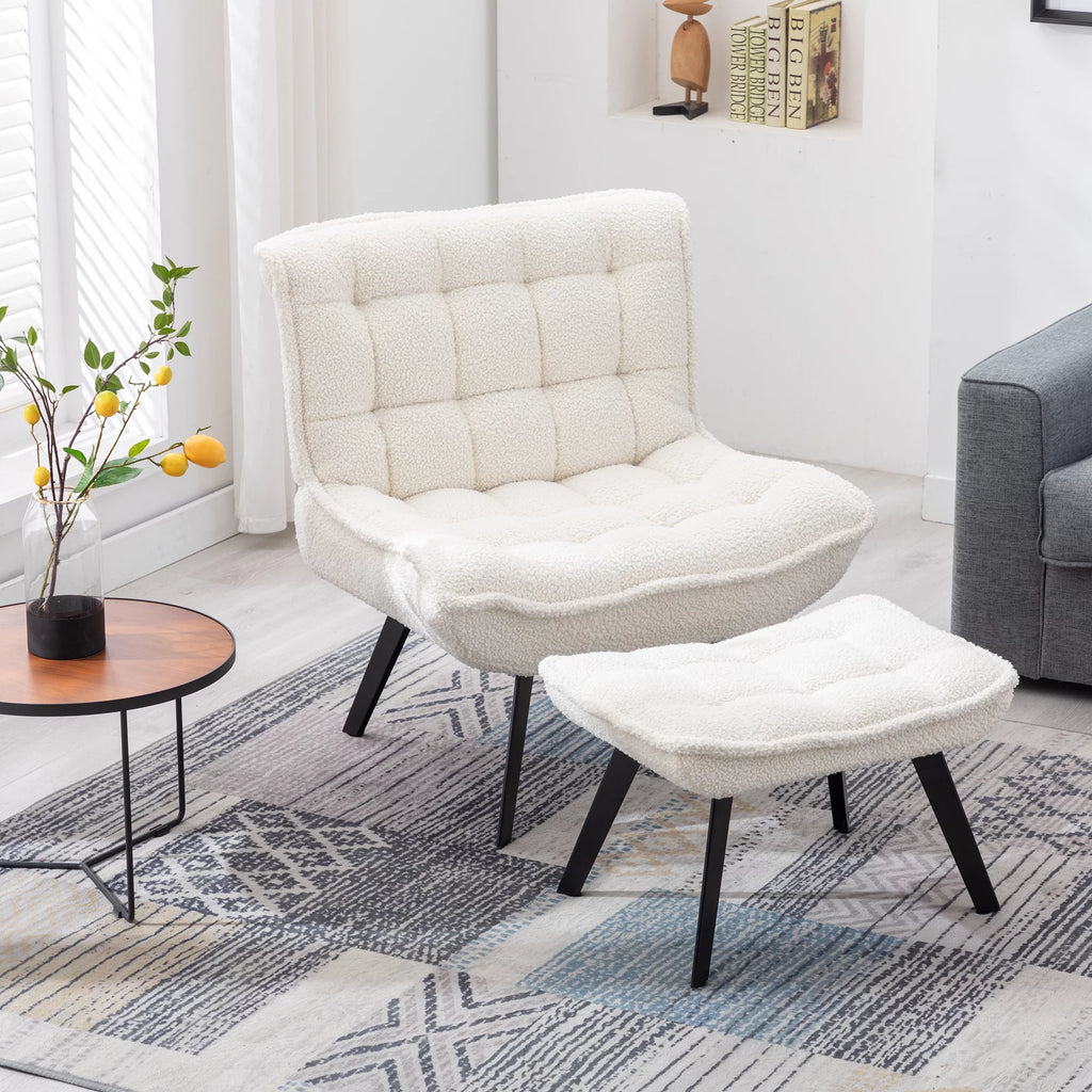 White Teddy Fabric Accent Chair with Ottoman P47580