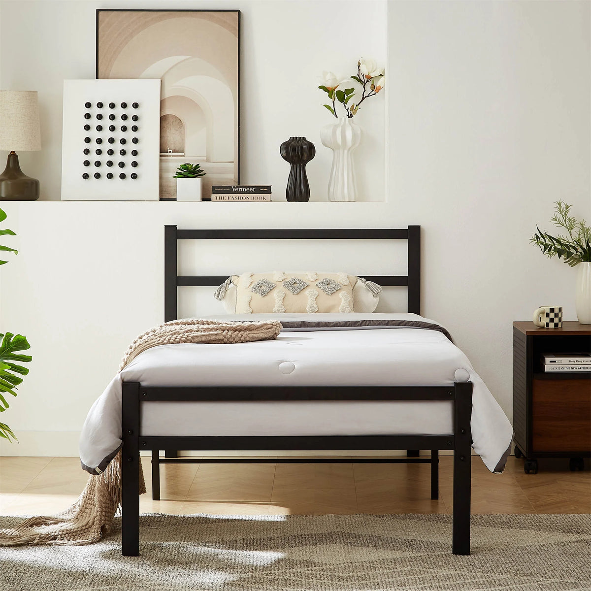 Metal Platform Bed Frame with Headboard and Footboard, Twin, Matte Black N365