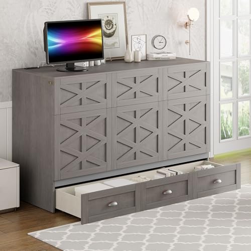 Full Size Solid Pine Murphy Bed with USB and Storage Drawer M588026