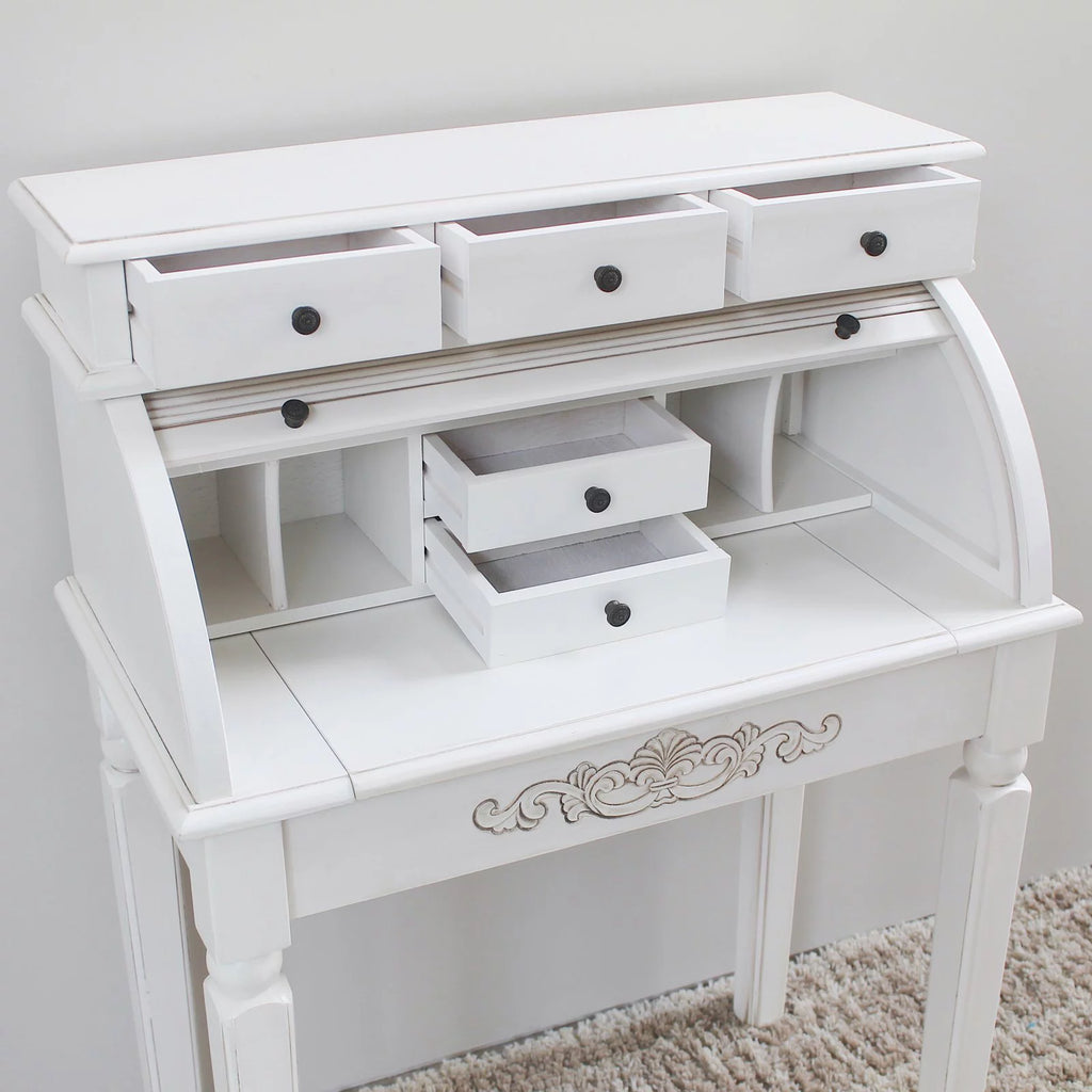 Antique White Hand-Carved 3-Drawer Roll Top Desk P706299
