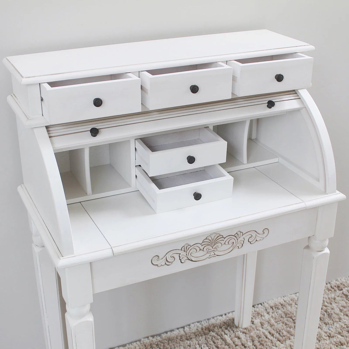 Antique White Hand-Carved 3-Drawer Roll Top Desk P706299