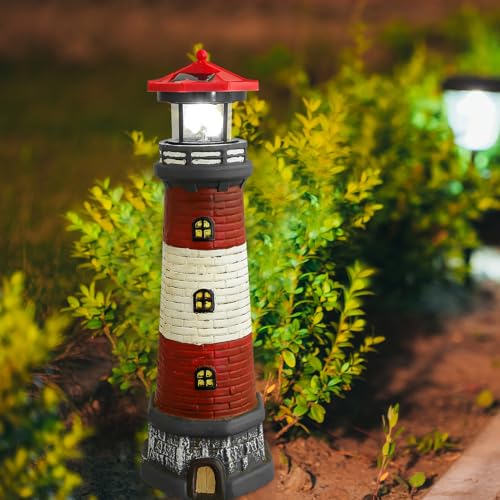 Solar Lighthouse Statue with LED Light 14.76 Inch Red I531