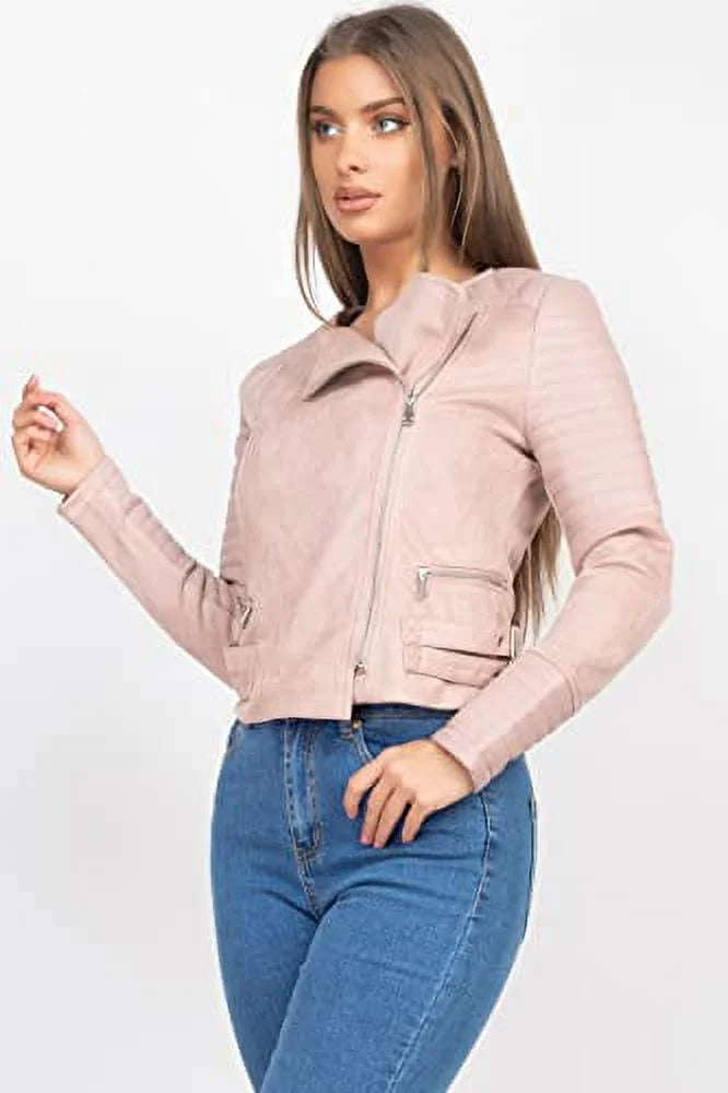 Quilted Sleeves Zip-Up Biker Jacket J47782