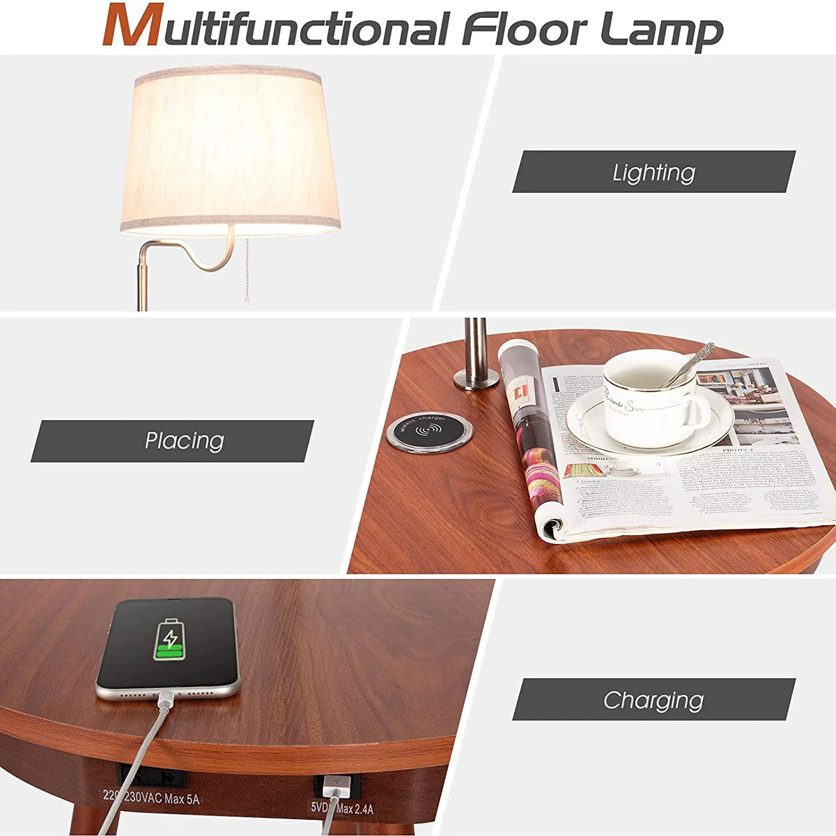 Floor Lamp End Table with USB Charging Port, 120V Socket & Wireless Charger N529216