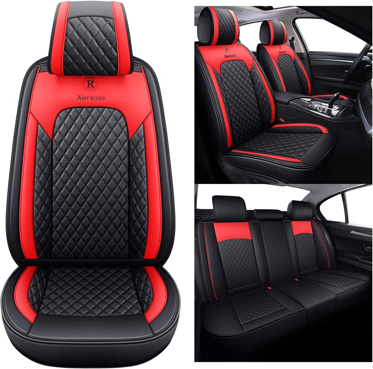 5 Car Seat Covers Full Set Leather Waterproof Universal Fit Black-Green A23279