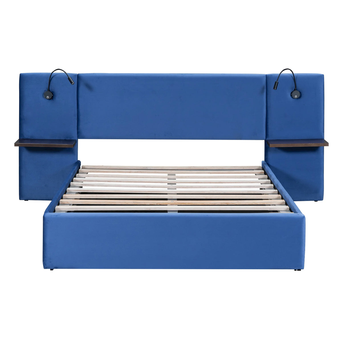 Full Size Upholstered Hydraulic Platform Bed with 2 Shelves, 2 Lights and 4 USB Ports, Blue L573637