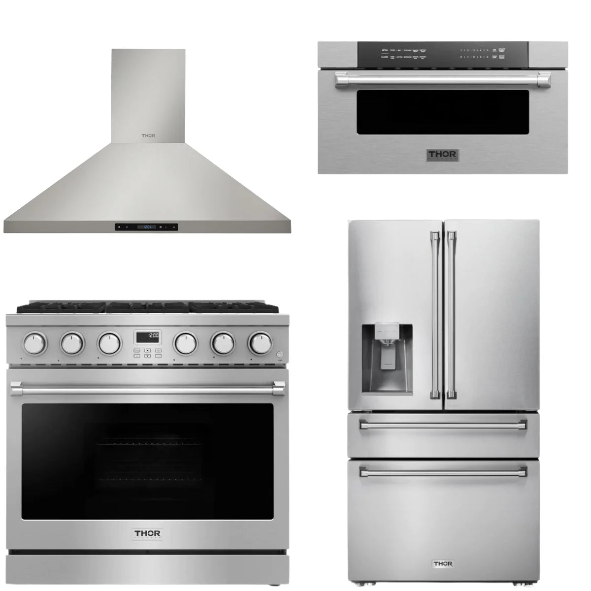 36 Gas Range, Range Hood, Refrigerator and Microwave Q82438
