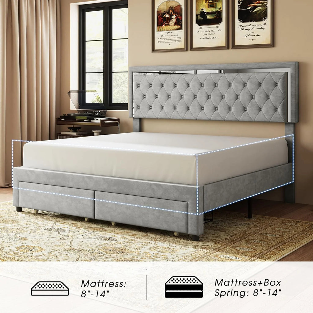 Queen Size Velvet Upholstered Platform Bed with Storage Drawers F295