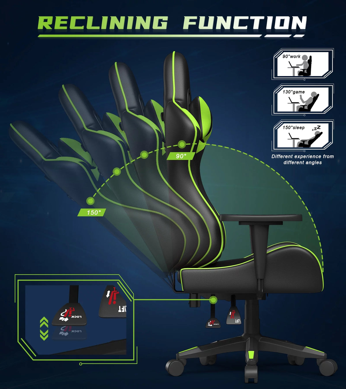 Black Green Gaming Chair with Headrest and Lumbar Support D29530