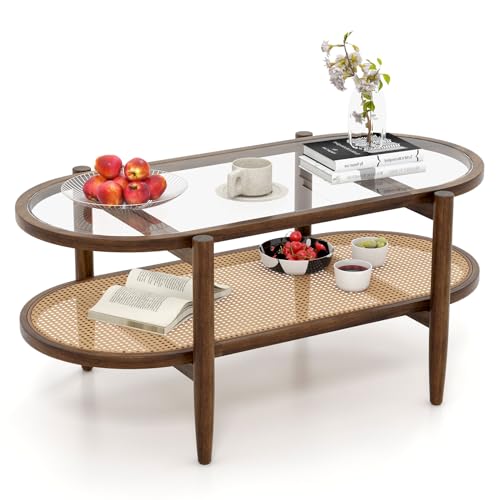 Black 2-Tier Oval Rattan Coffee Table with Tempered Glass F514294