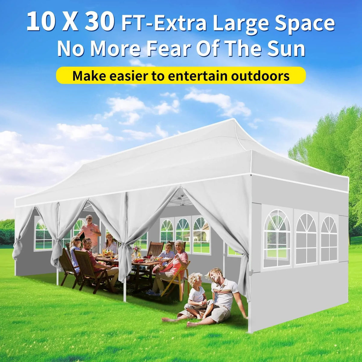 10'x30' Heavy Duty Waterproof Pop Up Canopy with 8 Removable Sidewalls, White M722