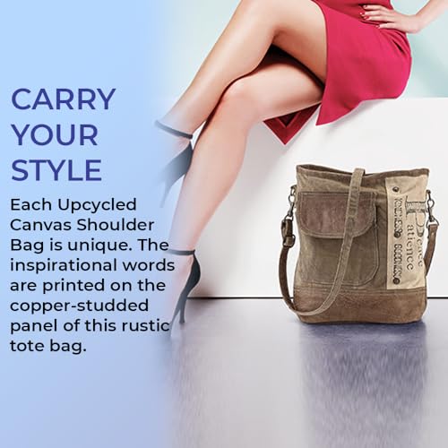 Upcycled Canvas Shoulder Bag with Adjustable Strap and Zip Closure I14671