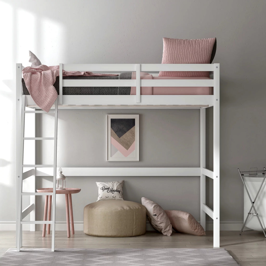 White Wood Full Loft Bunk Bed with Ladder A445