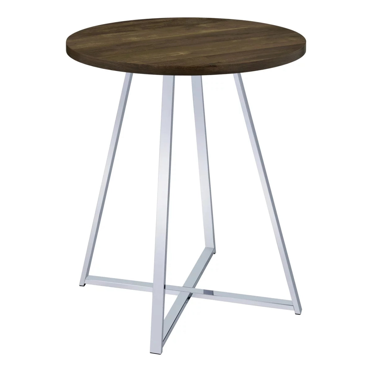 43 Inch Tall Modern Bar Table Brown Round Top Polished Chrome Flared Legs J992