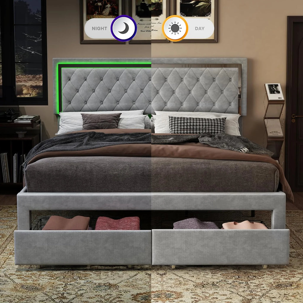 Queen Size Velvet Upholstered Platform Bed with Storage Drawers F295