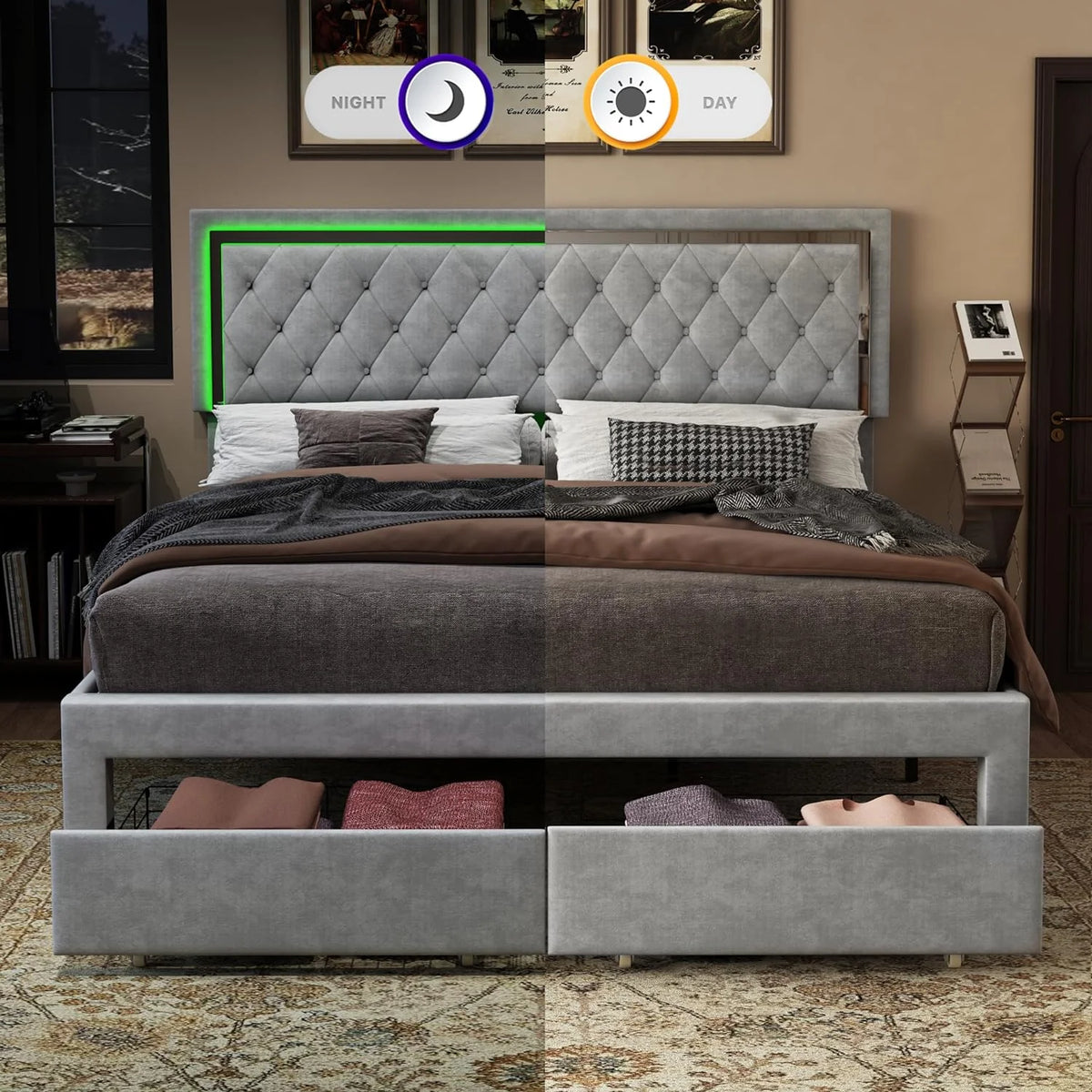 Queen Size Velvet Upholstered Platform Bed with Storage Drawers F295