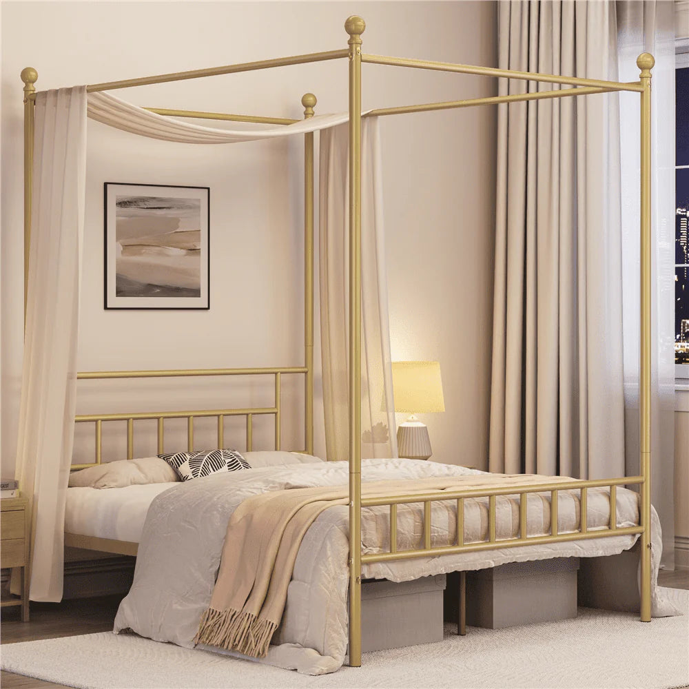 White Twin Metal Canopy Bed Frame with Headboard and Footboard X6661