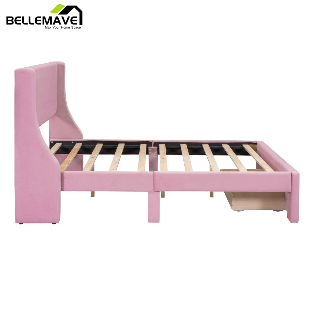 Full Size Pink Velvet Upholstered Platform Bed with Drawer N48613