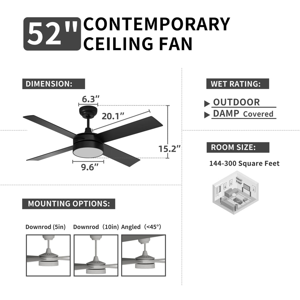 Black Ceiling Fan with Light and Remote O900