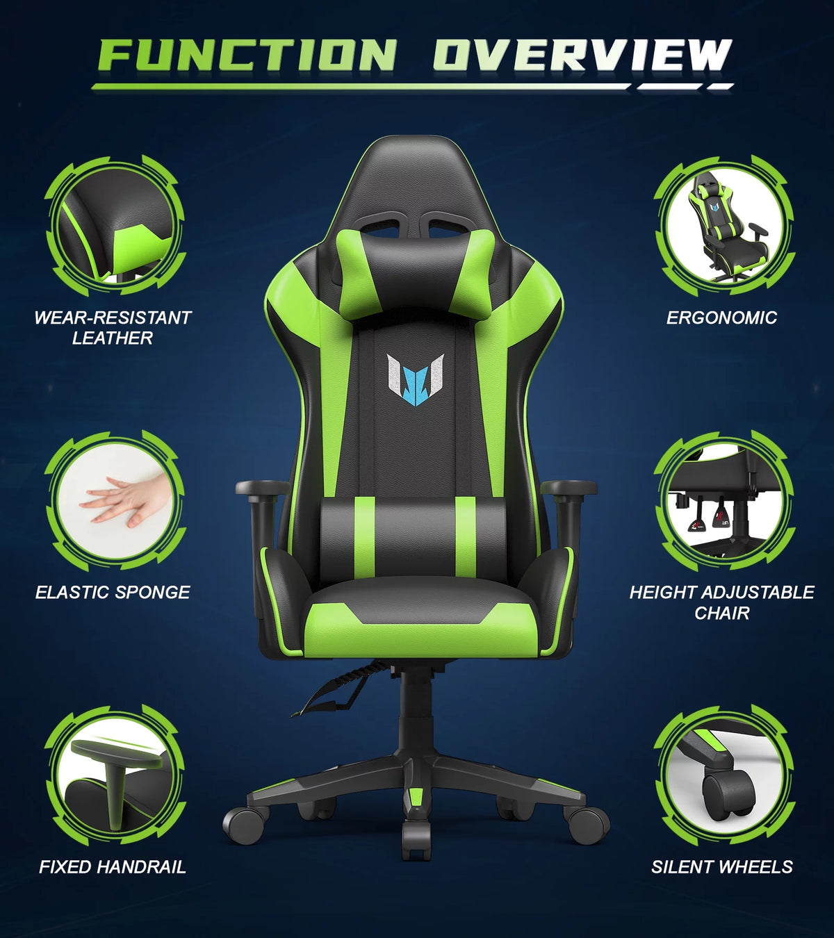 Black Green Gaming Chair with Headrest and Lumbar Support D29530