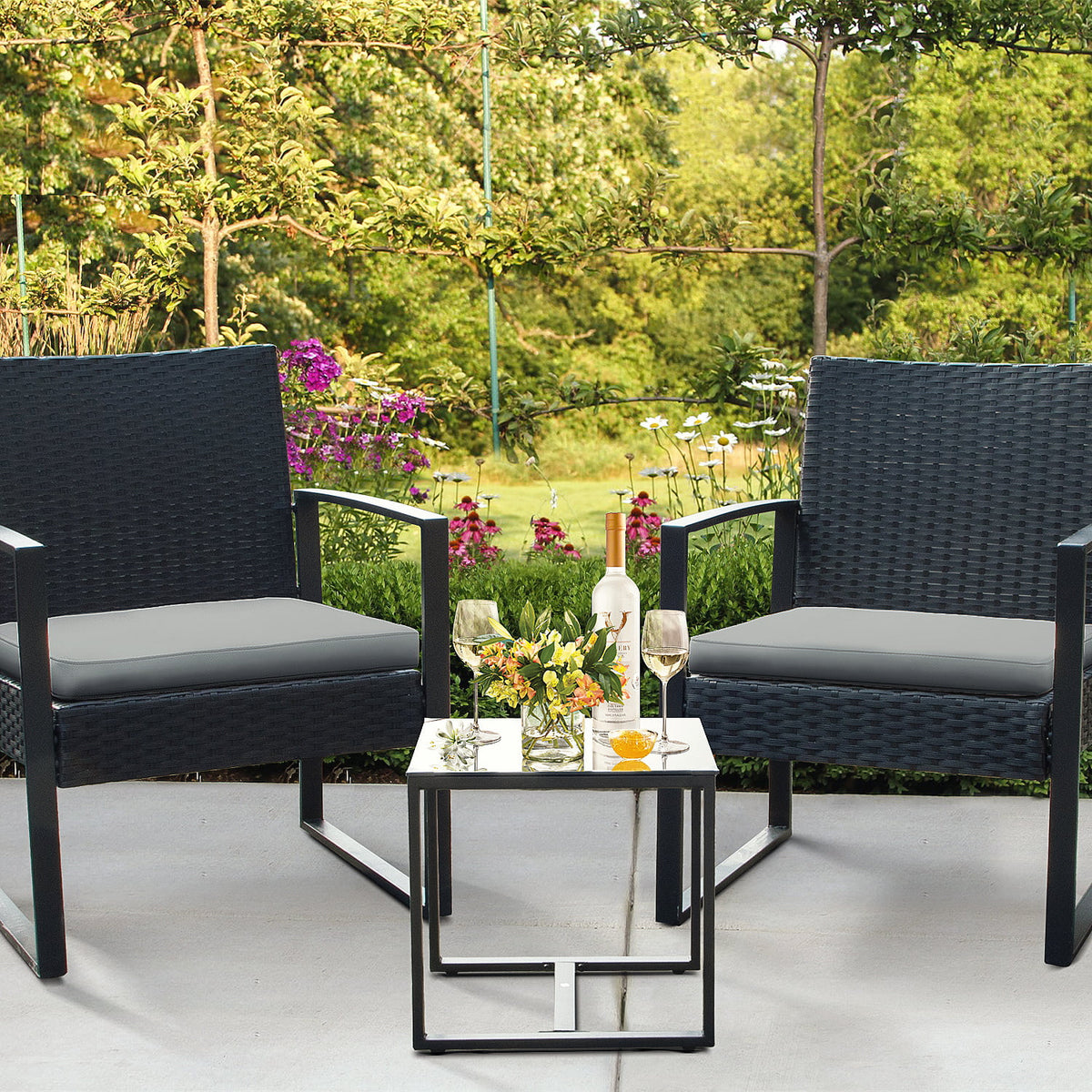 3 Pieces Cushioned PE Rattan Bistro Chairs Set of 2 with Coffee Table M323