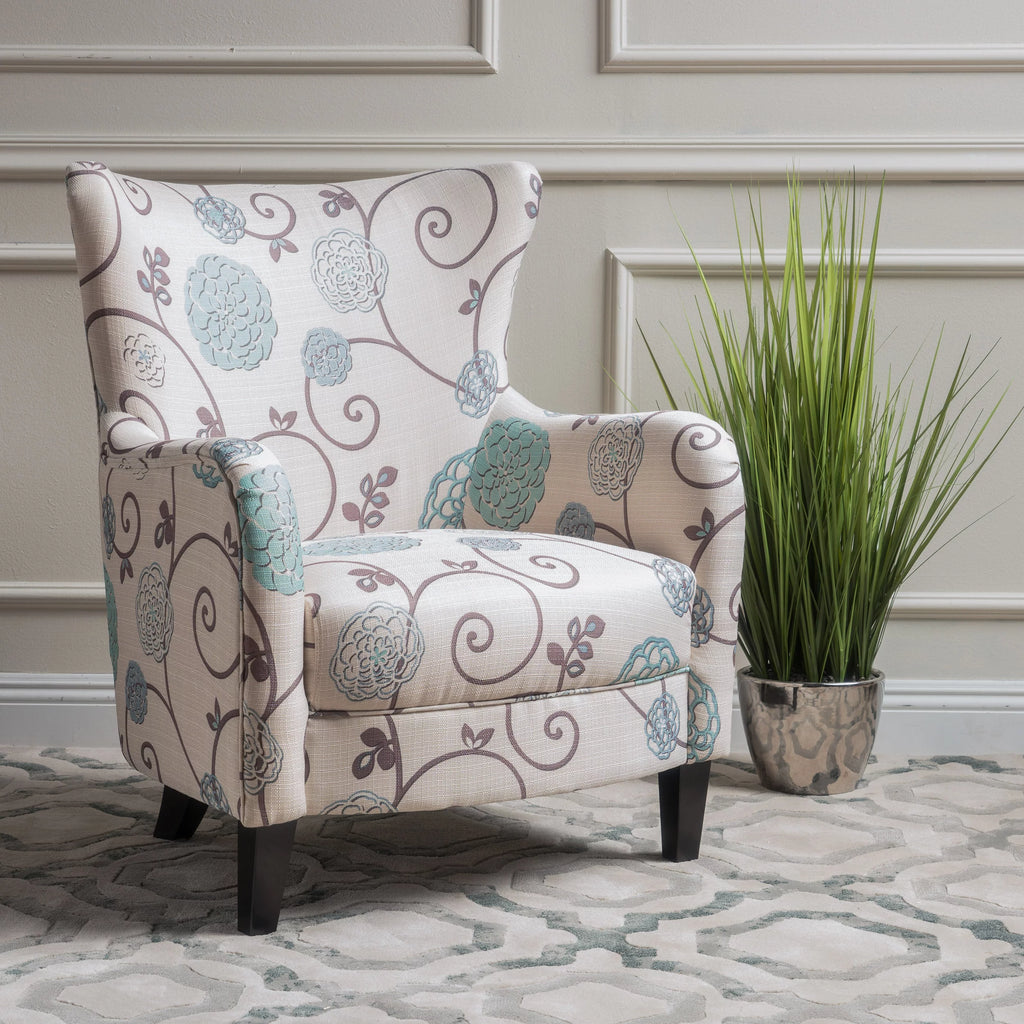 White and Blue Floral Fabric Club Chair Q17312