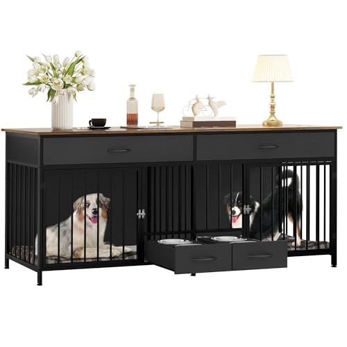 Brown Wooden Double Dog Crate Furniture with Drawers W452