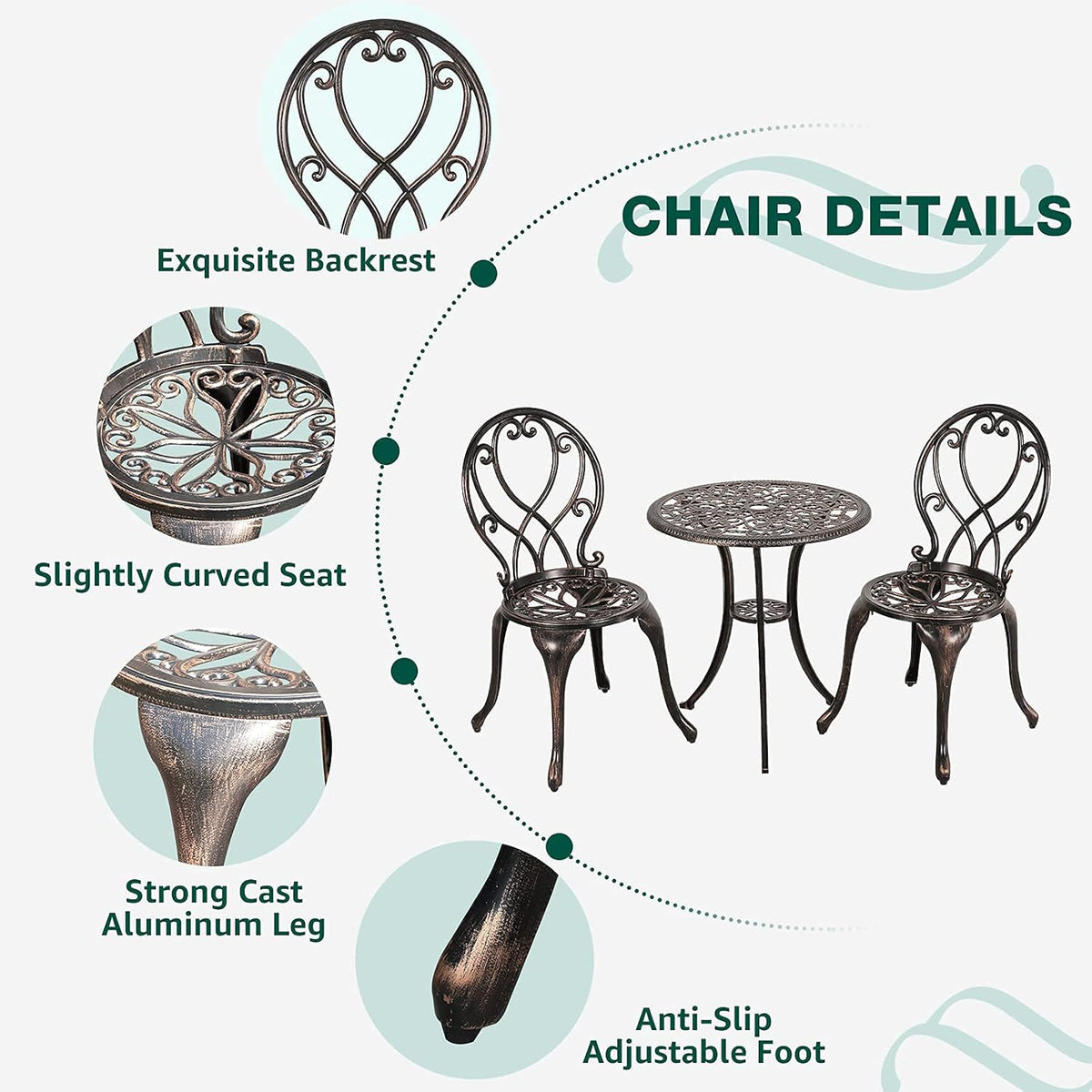 3 Piece Cast Aluminum Patio Bistro Set V612