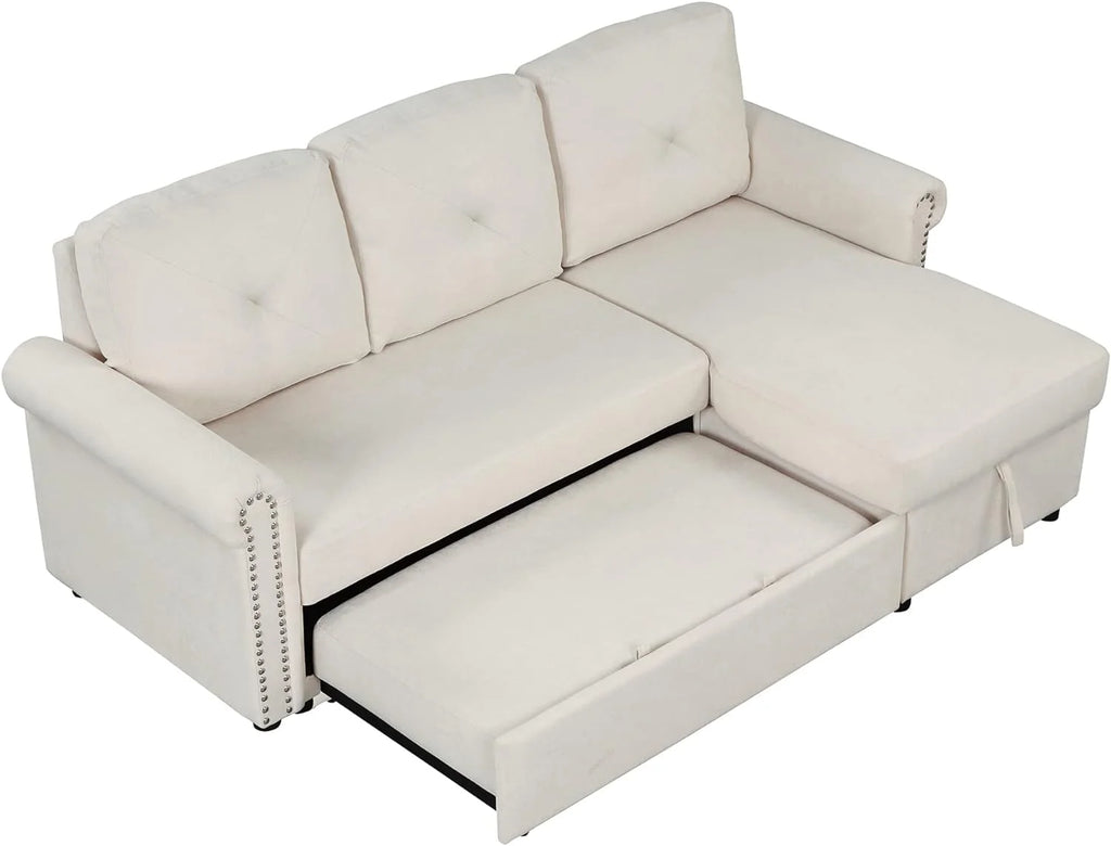 Beige L-Shape Convertible Sleeper Sofa Bed with Storage Chaise K225