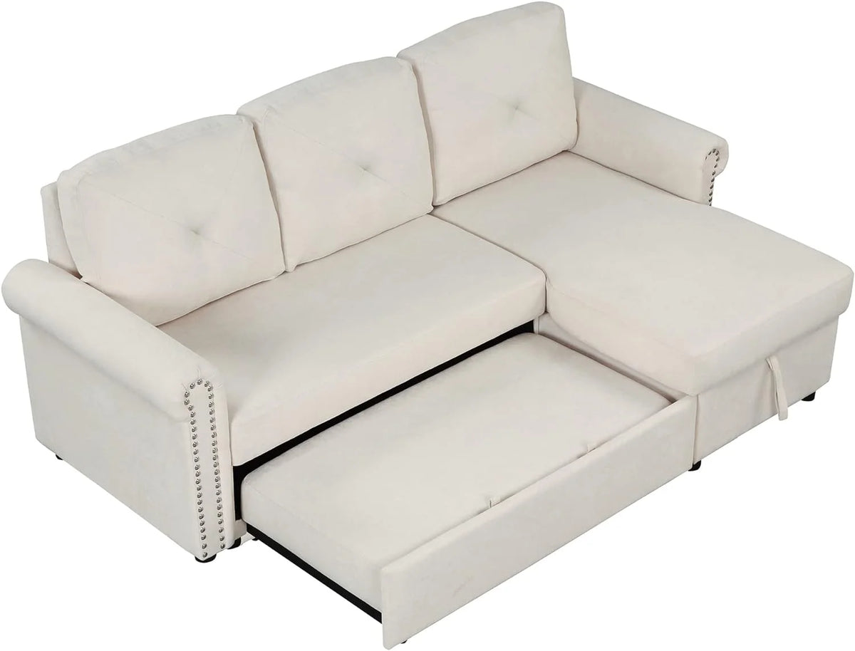 Beige L-Shape Convertible Sleeper Sofa Bed with Storage Chaise K225