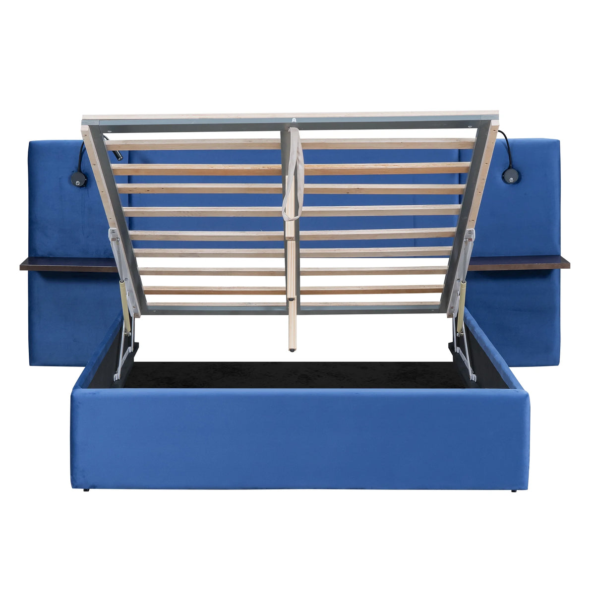 Full Size Upholstered Hydraulic Platform Bed with 2 Shelves, 2 Lights and 4 USB Ports, Blue L573637