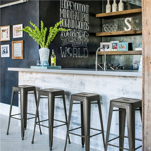 Set of 4 Gunmetal Gray Metal Bar Height Stools F79730