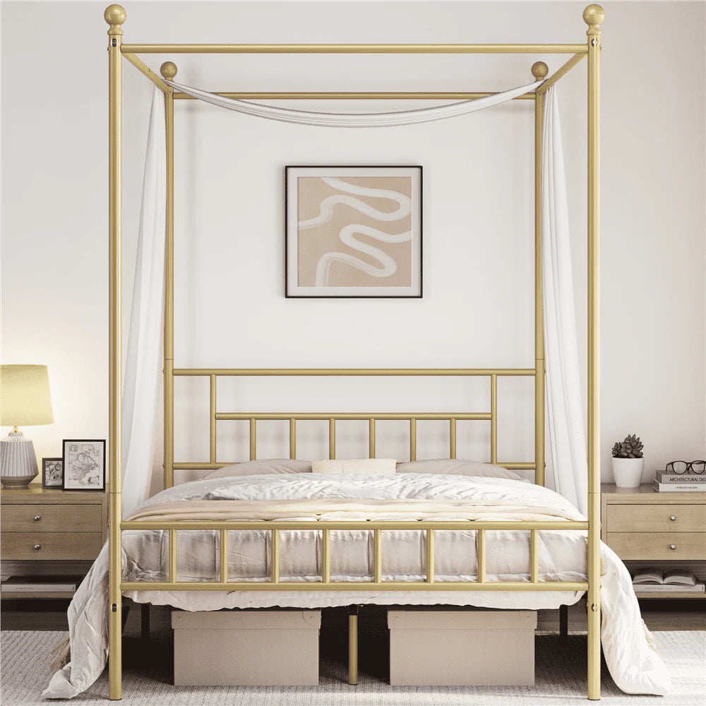 White Twin Metal Canopy Bed Frame with Headboard and Footboard X6661