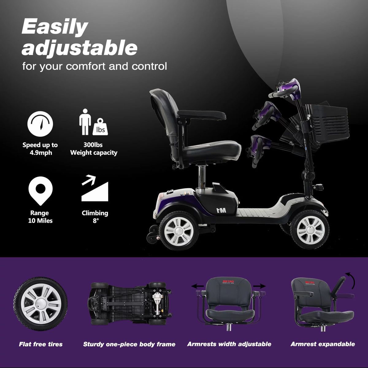 4 Wheel Purple Mobility Scooter with Detachable Basket O75716