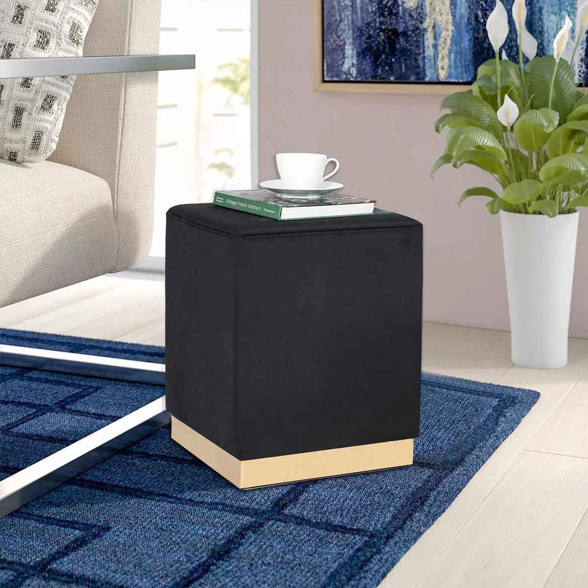 Black Velvet Square Ottoman D83318