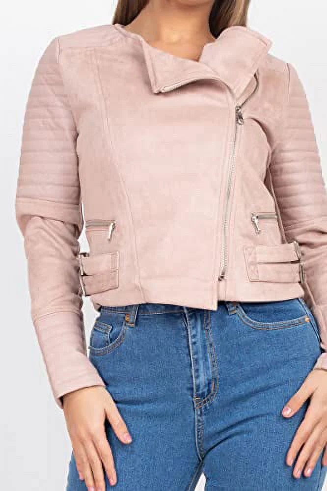 Quilted Sleeves Zip-Up Biker Jacket J47782