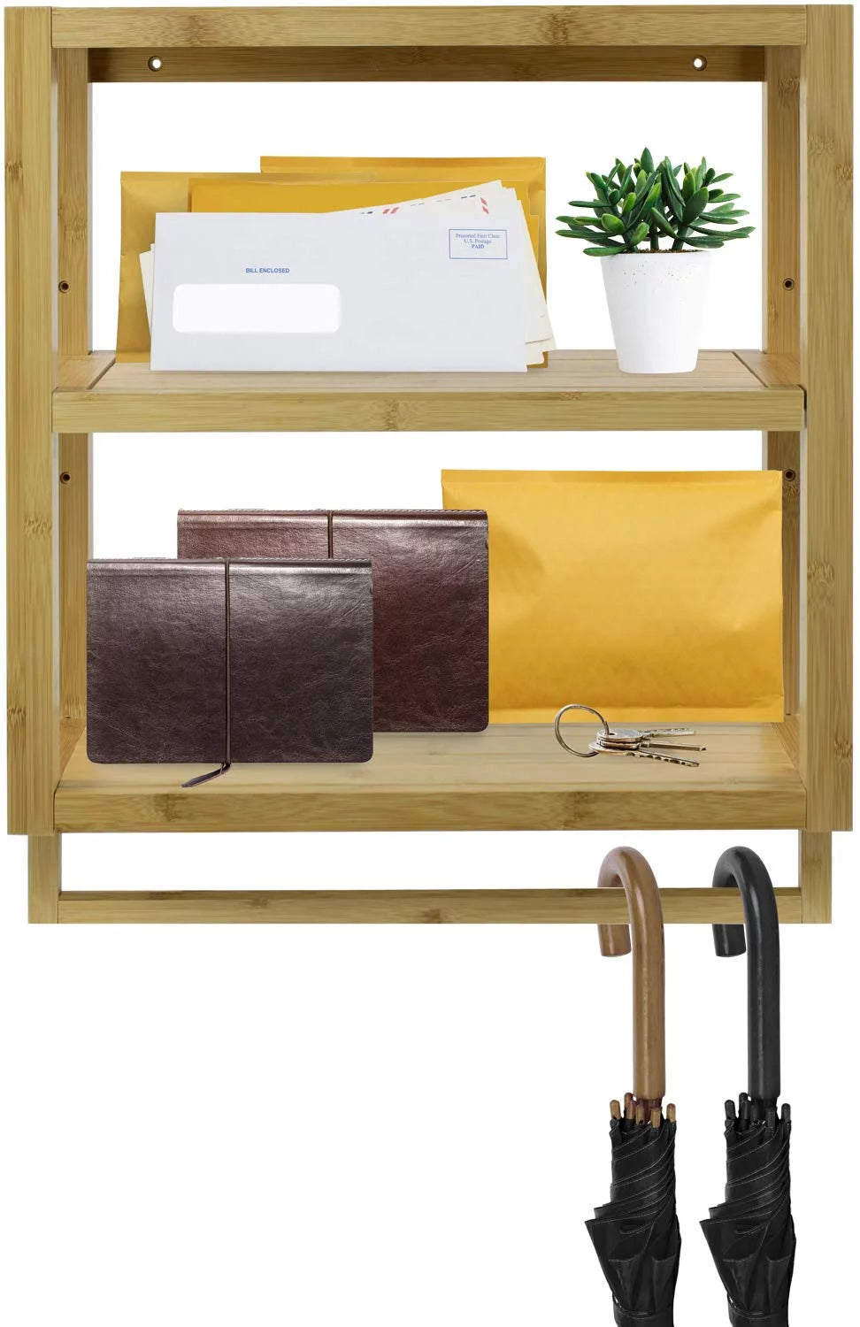 Bamboo Finish 3-Tier Wall-Mounted Bathroom Organizer with Towel Rack E37929