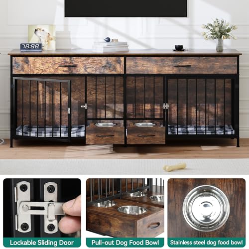 Brown Wooden Double Dog Crate Furniture with Drawers W452