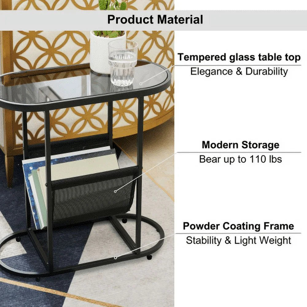 Oval Glass Side Tables with Magazine Organizer J49635
