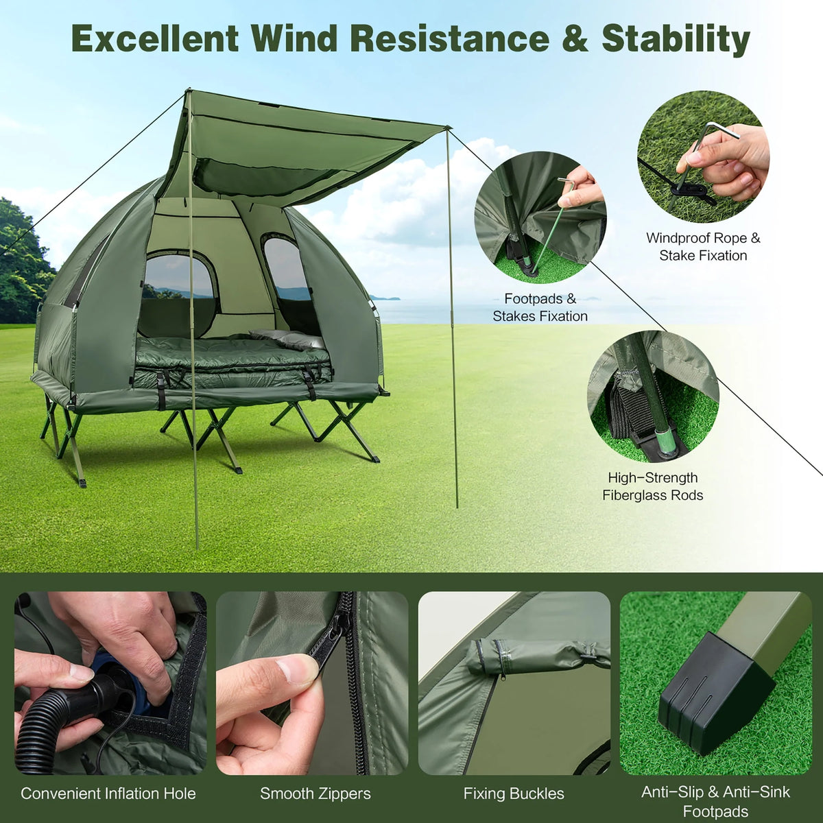 2-Person Pop-Up Tent Camping Cot with Air Mattress and Sleeping Bag J831