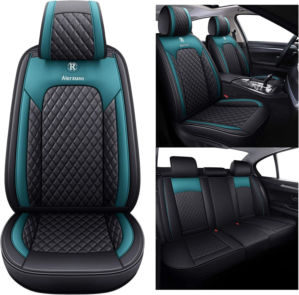 5 Car Seat Covers Full Set Leather Waterproof Universal Fit Black-Green A23279