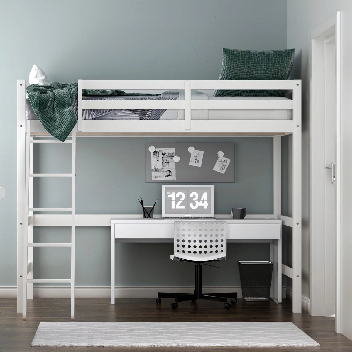 White Wood Full Loft Bunk Bed with Ladder A445