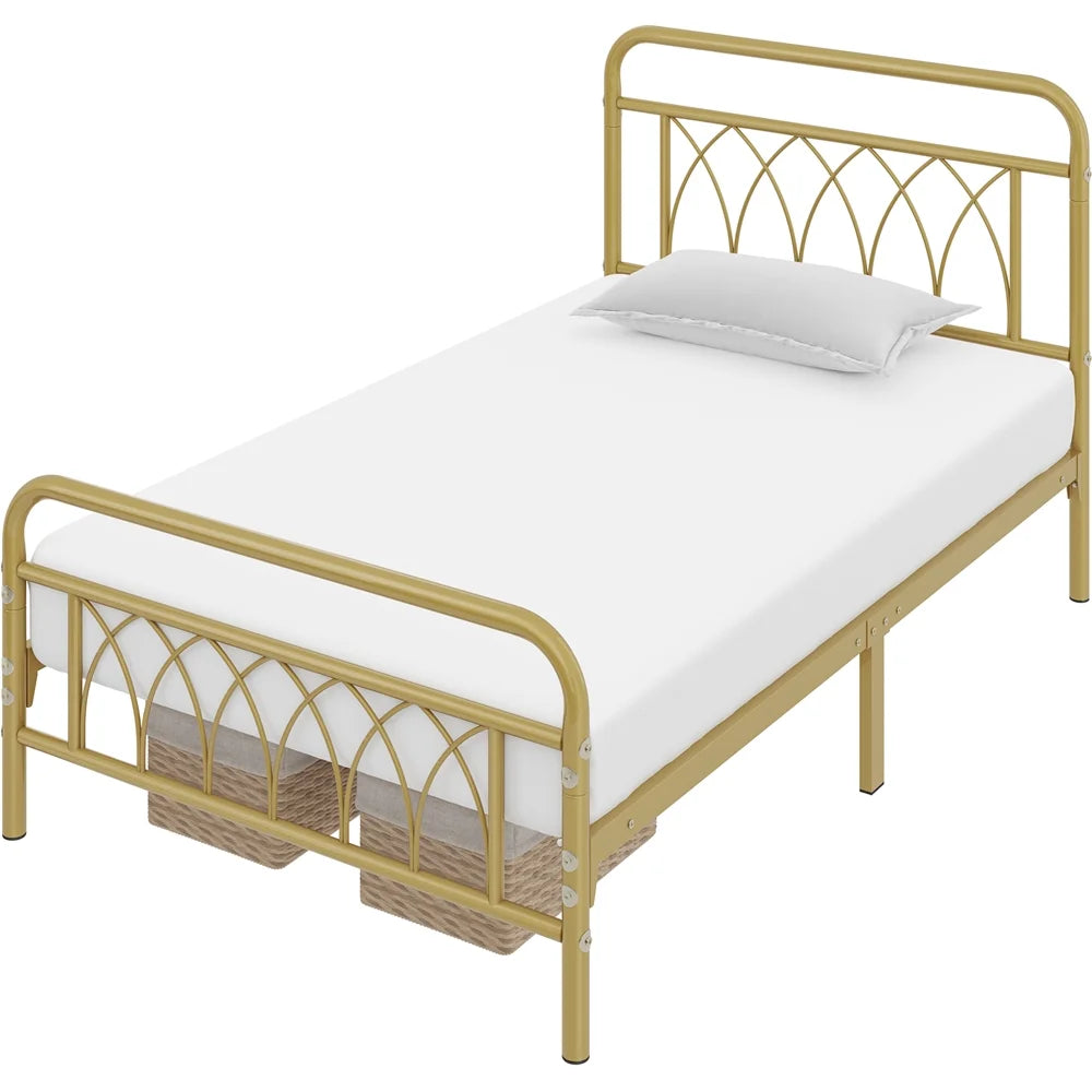 Metal Platform Bed Frame with Headboard and Footboard, Twin, Antique Gold R65174