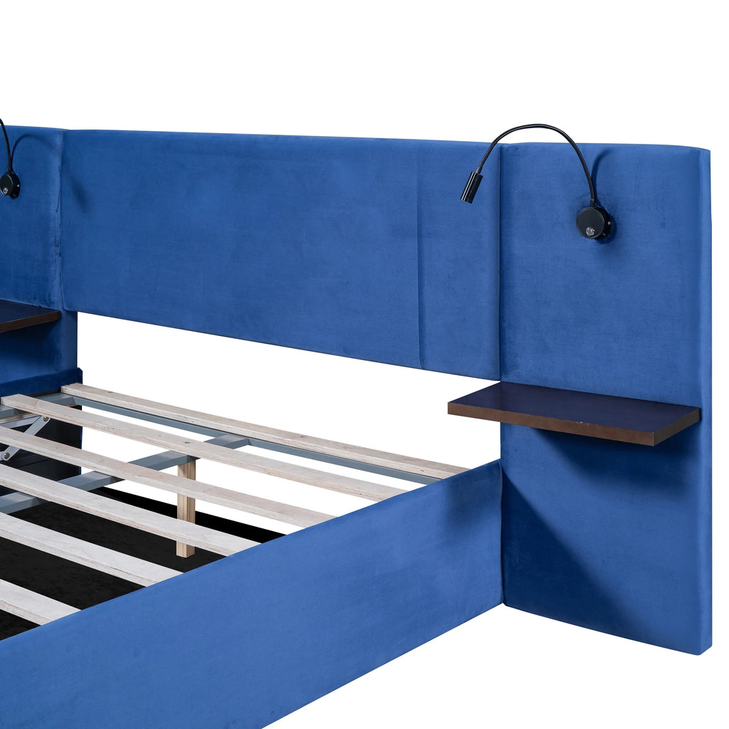 Full Size Upholstered Hydraulic Platform Bed with 2 Shelves, 2 Lights and 4 USB Ports, Blue L573637