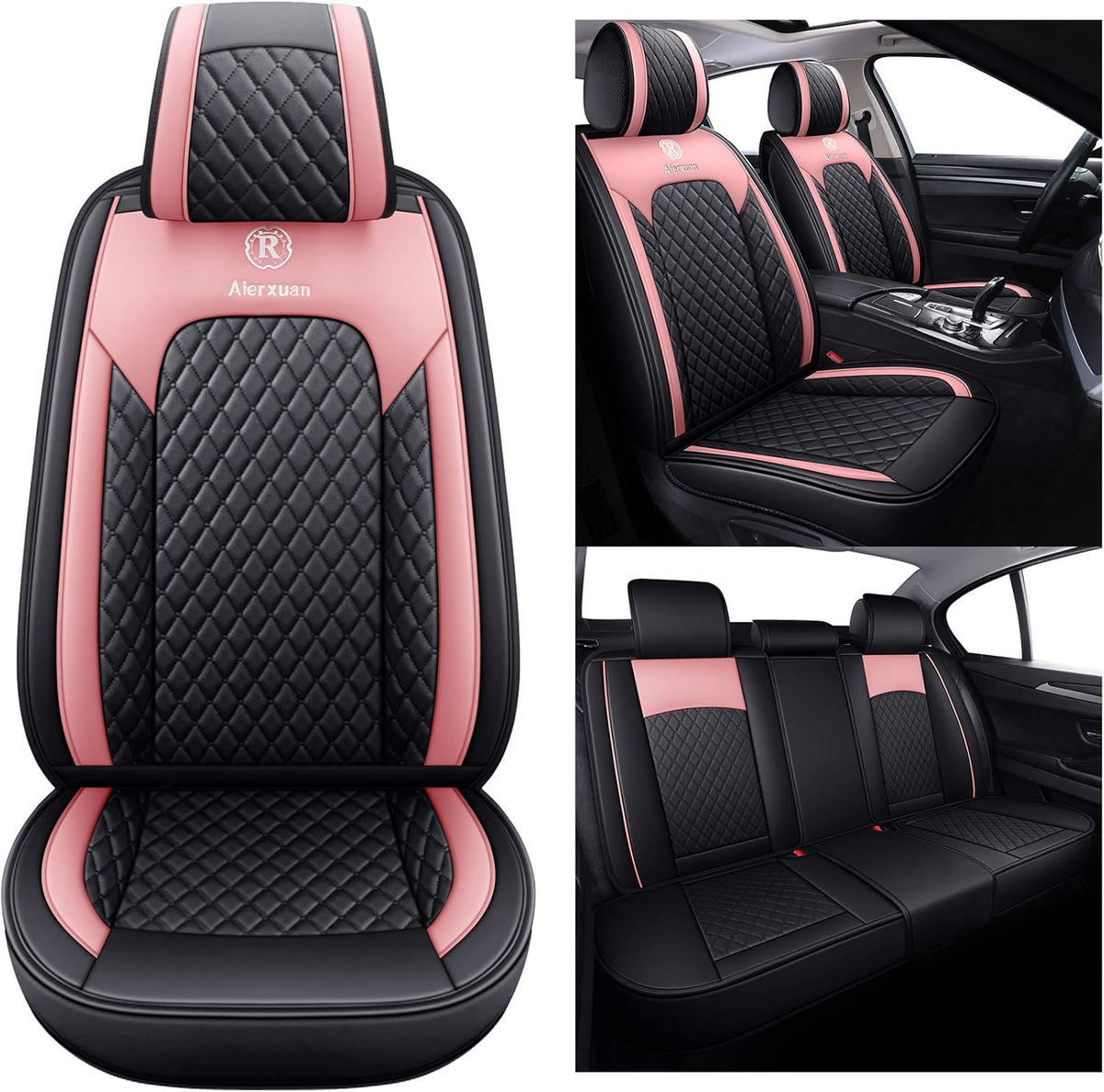 5 Car Seat Covers Full Set Leather Waterproof Universal Fit Black-Green A23279