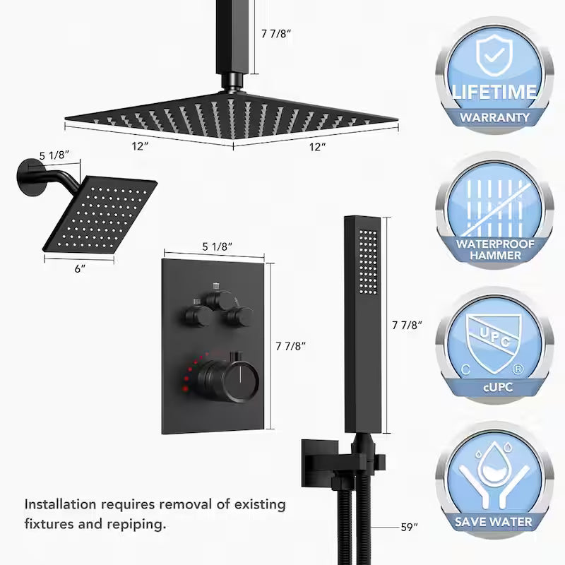 12 in. 6 in. Rainfall Wall and Ceiling Mount 2.5 GPM Fixed and Handheld Shower Head Matte Black S49610