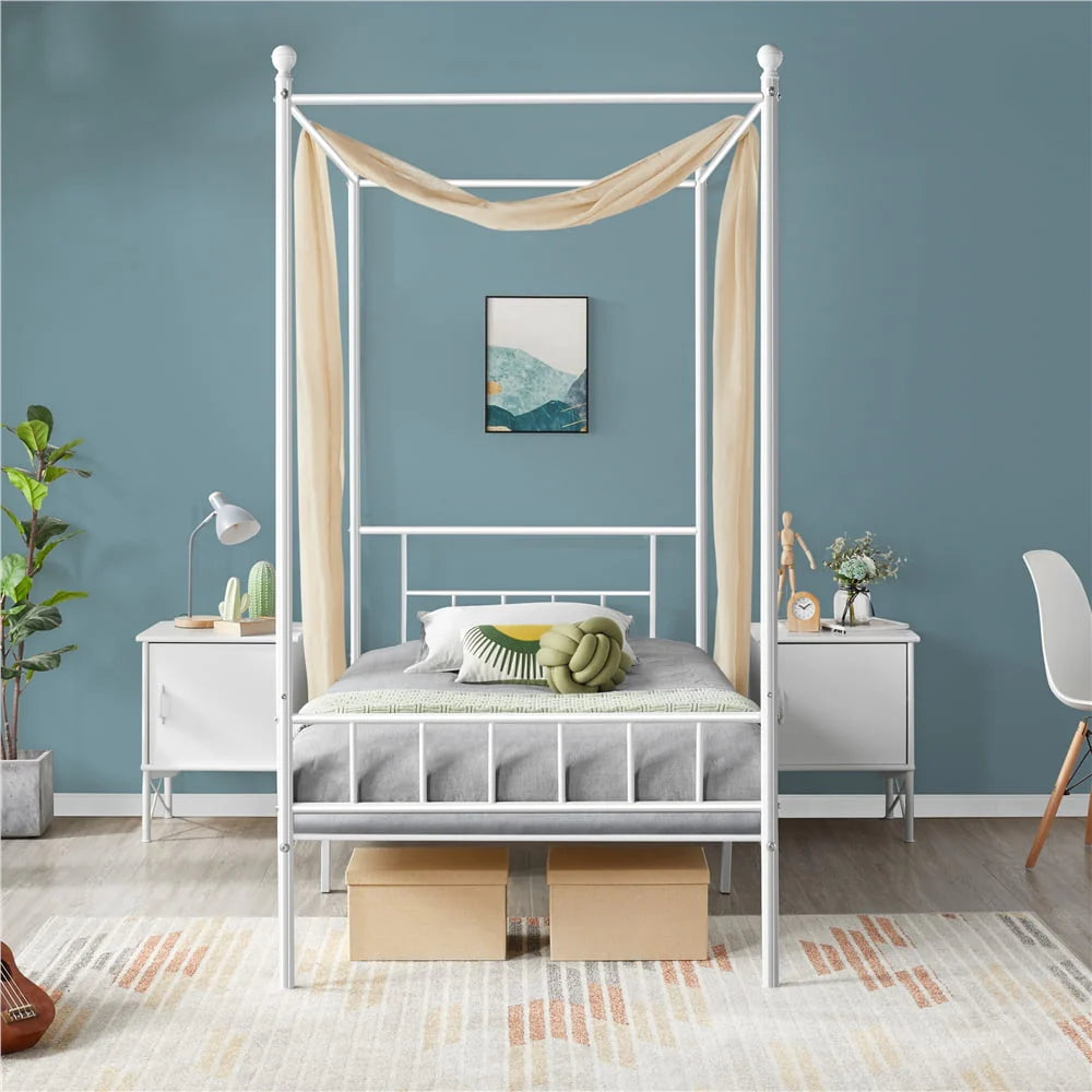 White Twin Metal Canopy Bed Frame with Headboard and Footboard X6661