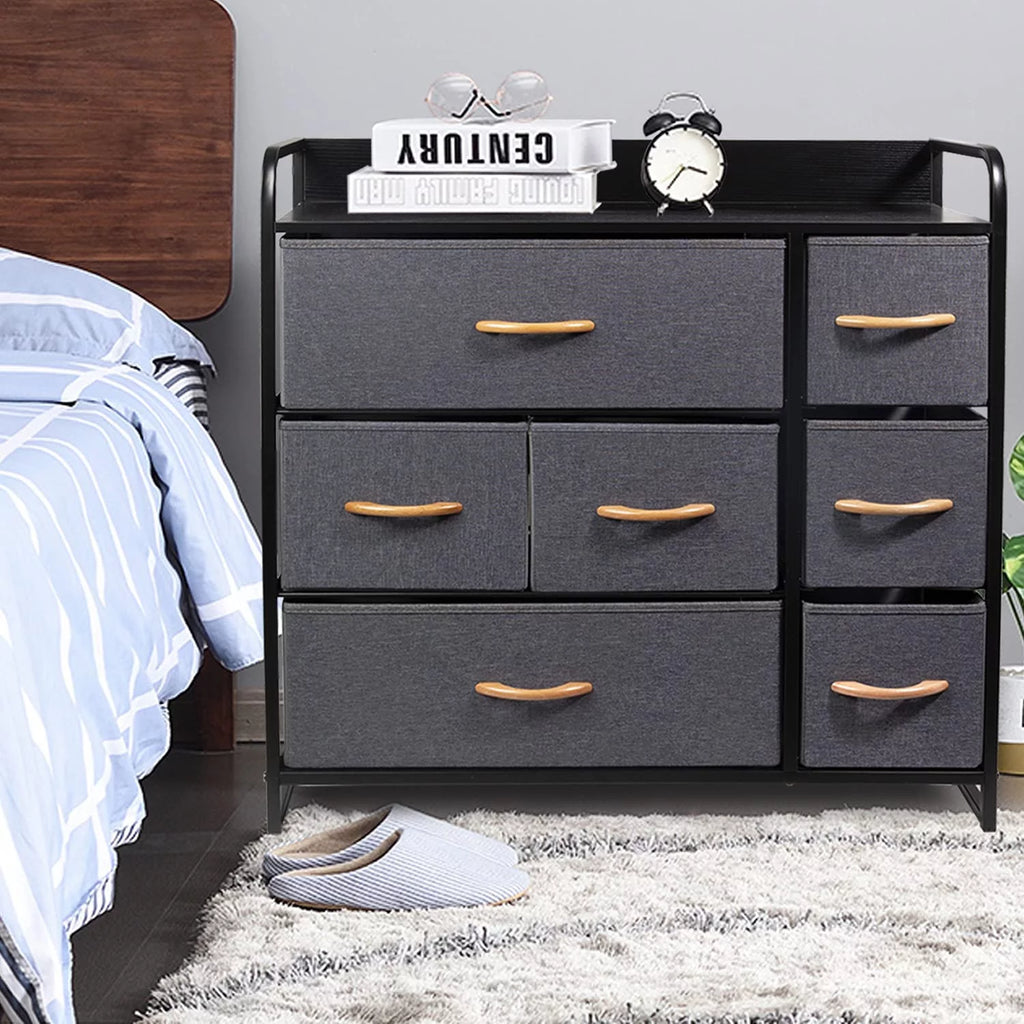Fabric Storage Dresser with 7 Drawers, Metal Frame and Wooden Top, Dark Grey H3269