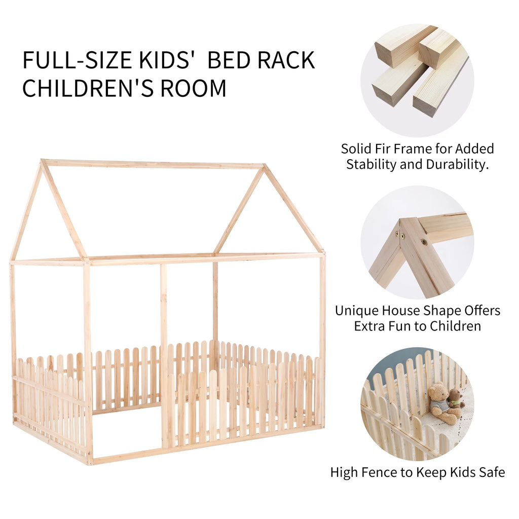 Full Size Wood Floor Bed Frame with Roof and Fence F92686